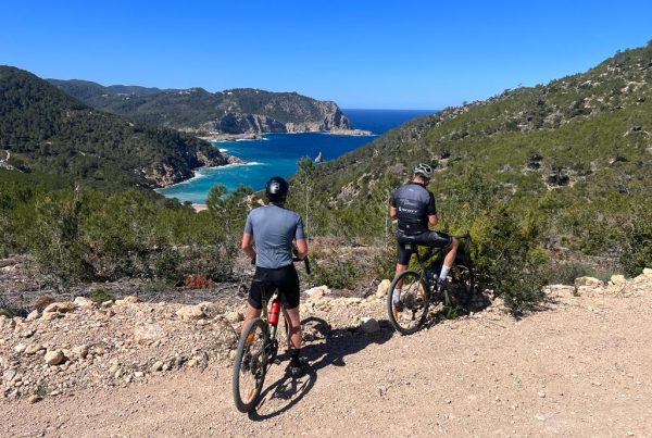 Gravel cyclist riding an unpaved red dirt road through the pine forests of Ibiza