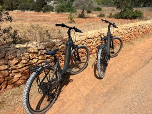 E-bikes parked on Ibiza countryside trail with stone wall - Santa Eularia e-bike tour Bike Ibiza